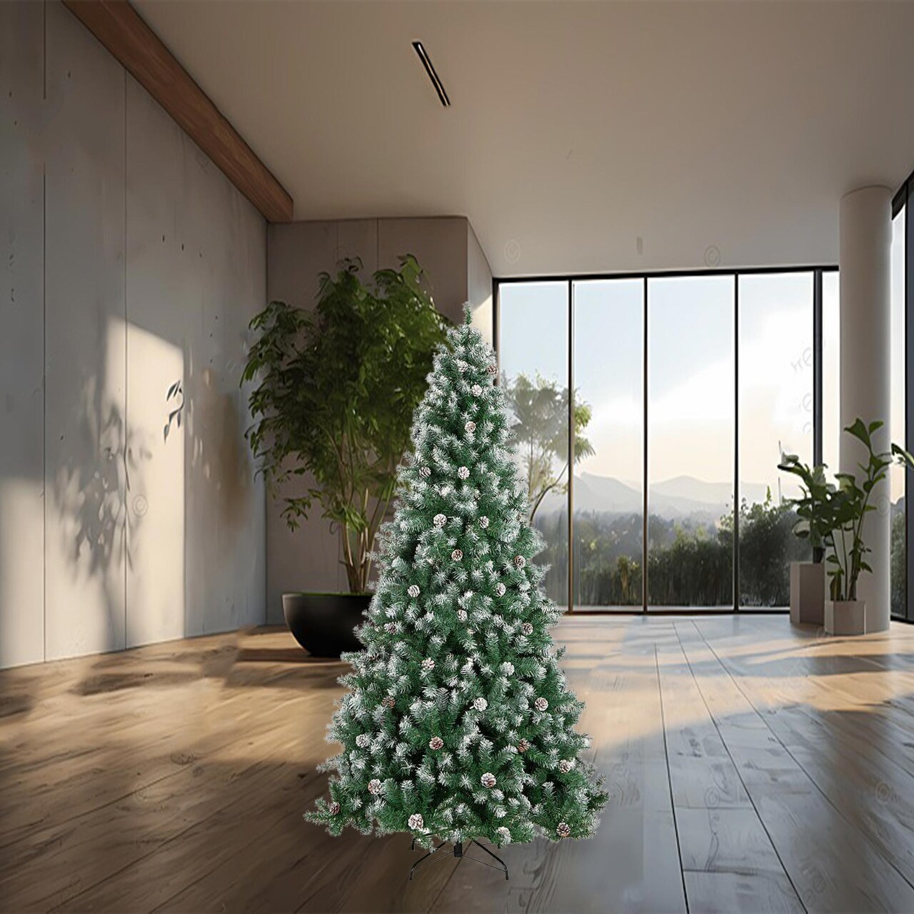 Frosted Artificial Oregon Fir Tree with Snow Pine Cones and Durable Metal Stand